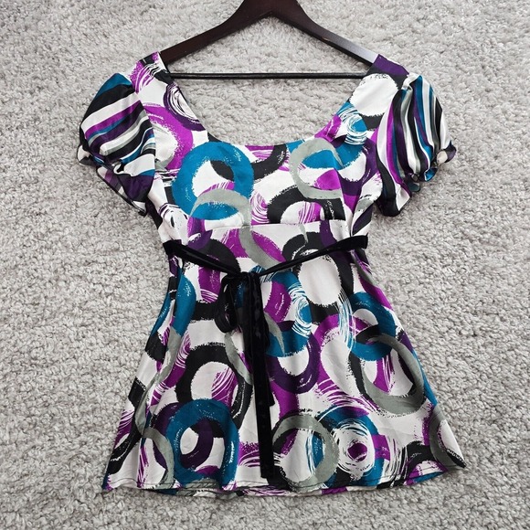 Sele Babydoll Top Womens Medium Colorful Satin Short Sleeve Tie Y2K - Picture 9 of 15